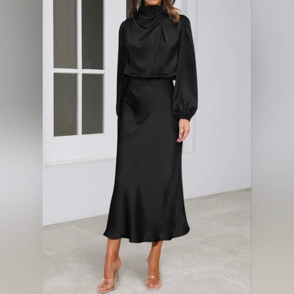 NEW Chic Draped Wrap Halter Neck Satin Midi Dress Bishop Long Sleeve Black - Picture 7 of 9